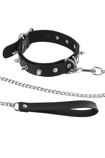 Fetish Temptation - Adjustable Collar with Studs and Leash - Black