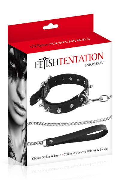 Fetish Temptation - Adjustable Collar with Studs and Leash - Black